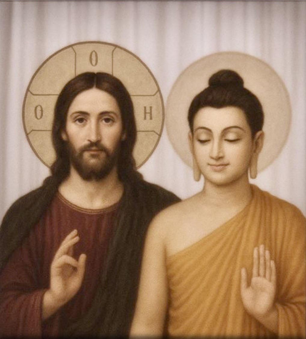 Jesus (left) and Buddha (right) with halos, Jesus blessing with raised hand, Buddha in orange robe with palm raised in blessing gesture