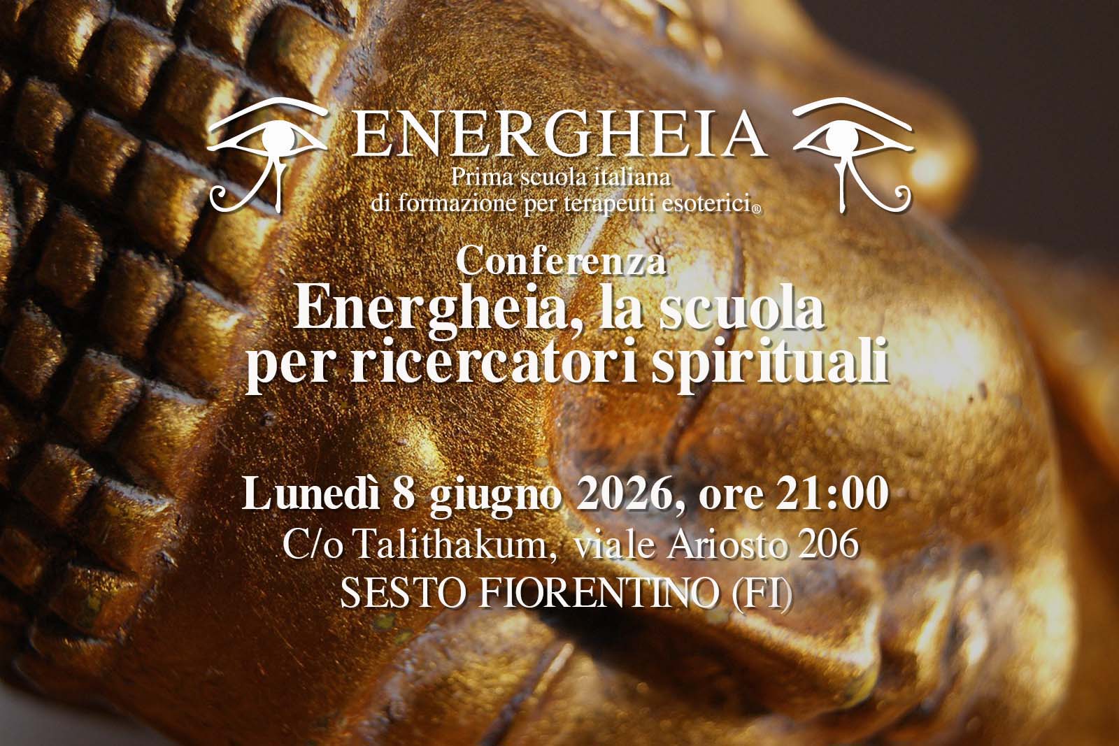 Promotional banner for Energhèia conference on spiritual researchers, with a gold sculpture background and Italian text.