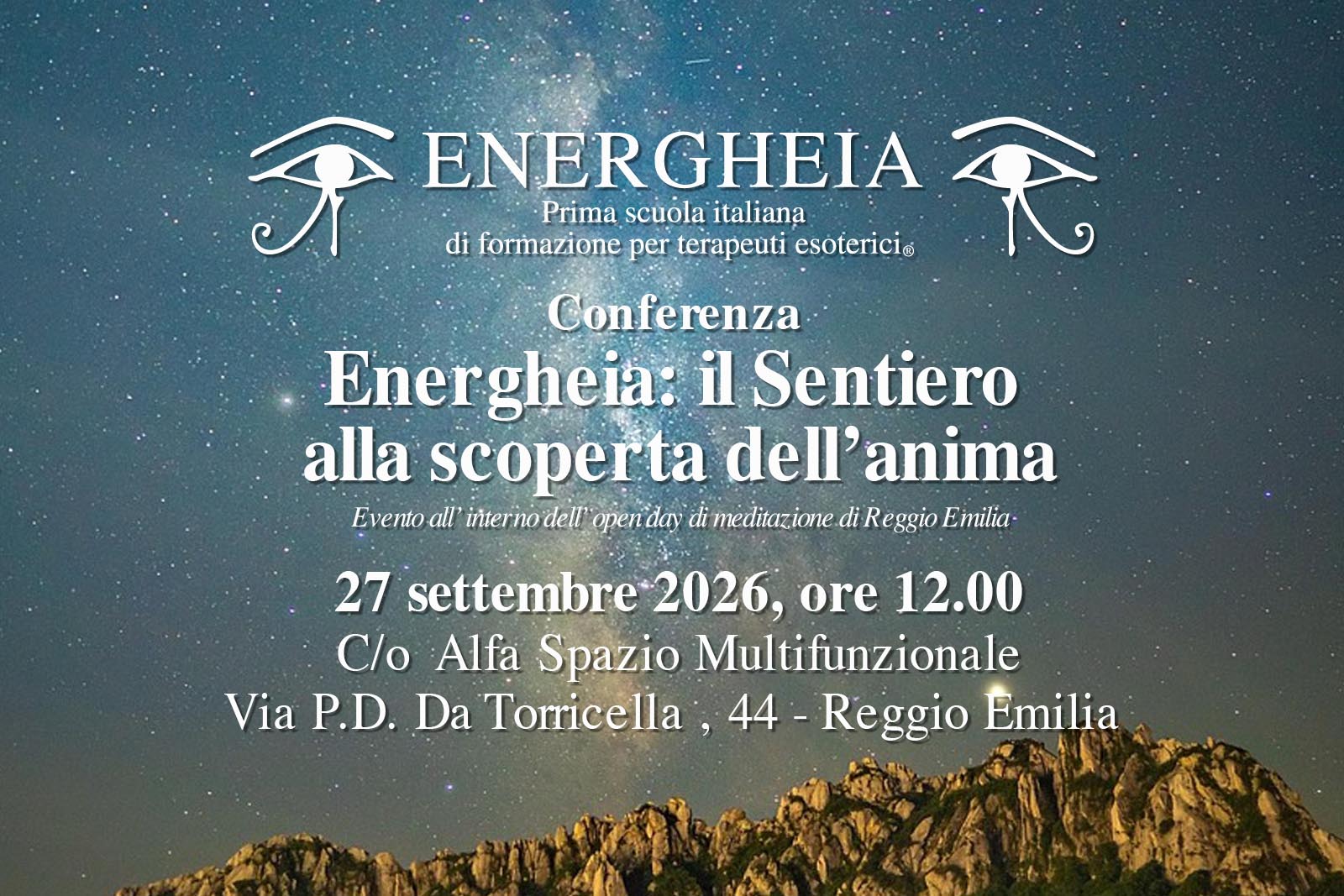 Event poster for Energhéia conference in Italian, with starry night background and details (27 settembre 2026, 12:00, Reggio Emilia).