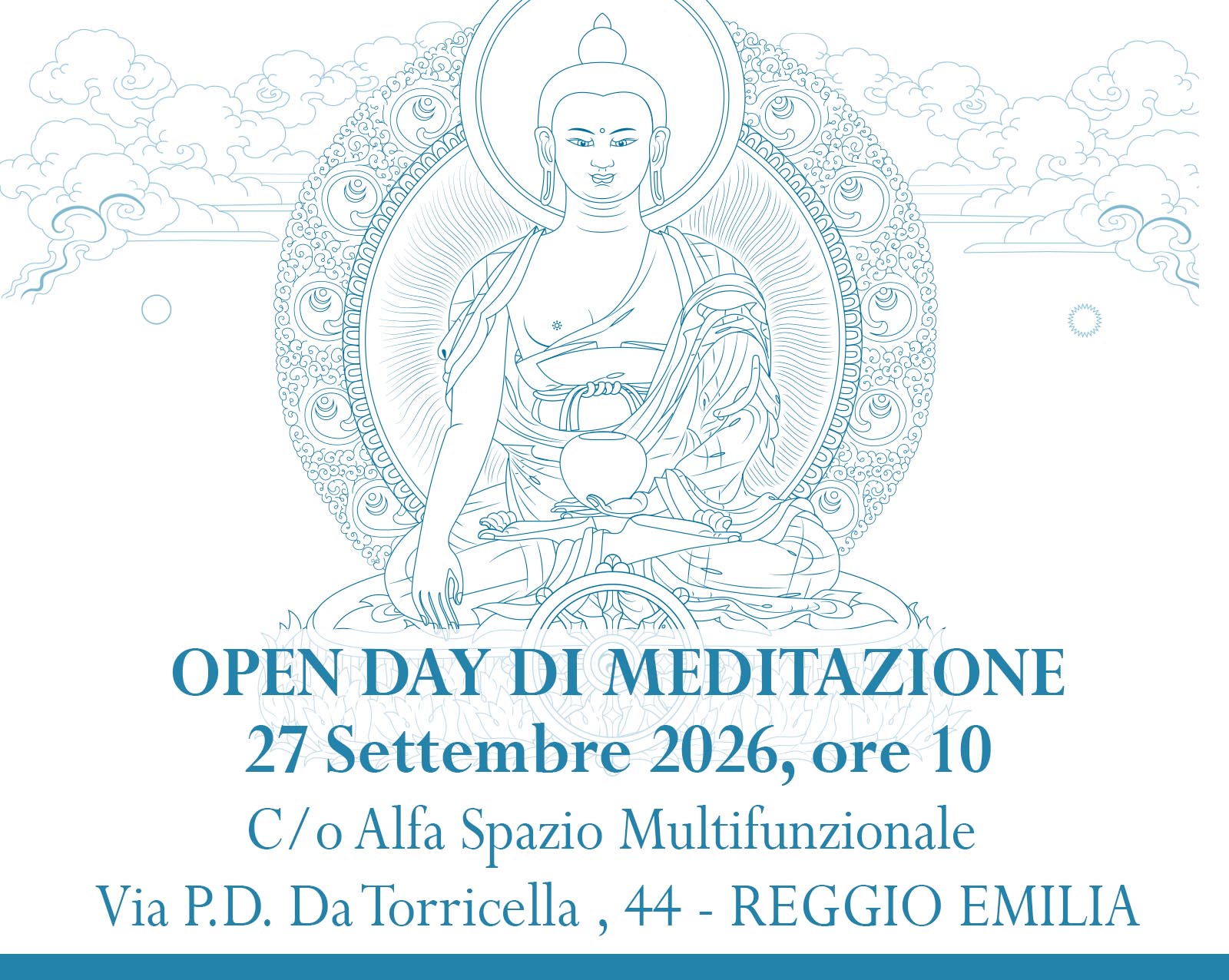 Line drawing poster of a seated Buddha with ornate halo and clouds, with Italian event text for an Open Day of Meditation.",