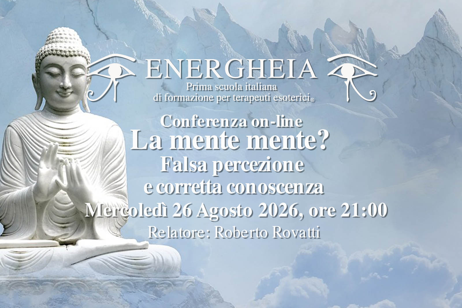 Promotional banner for Energhia online conference featuring a Buddha statue on the left and Italian event text with date and speaker.