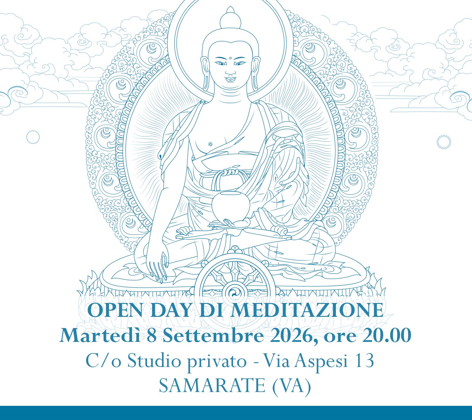 Line drawing of a meditating Buddha with a circular halo and ornate background; below is the event title 'OPEN DAY DI MEDITAZIONE' and date/time details in Italian.