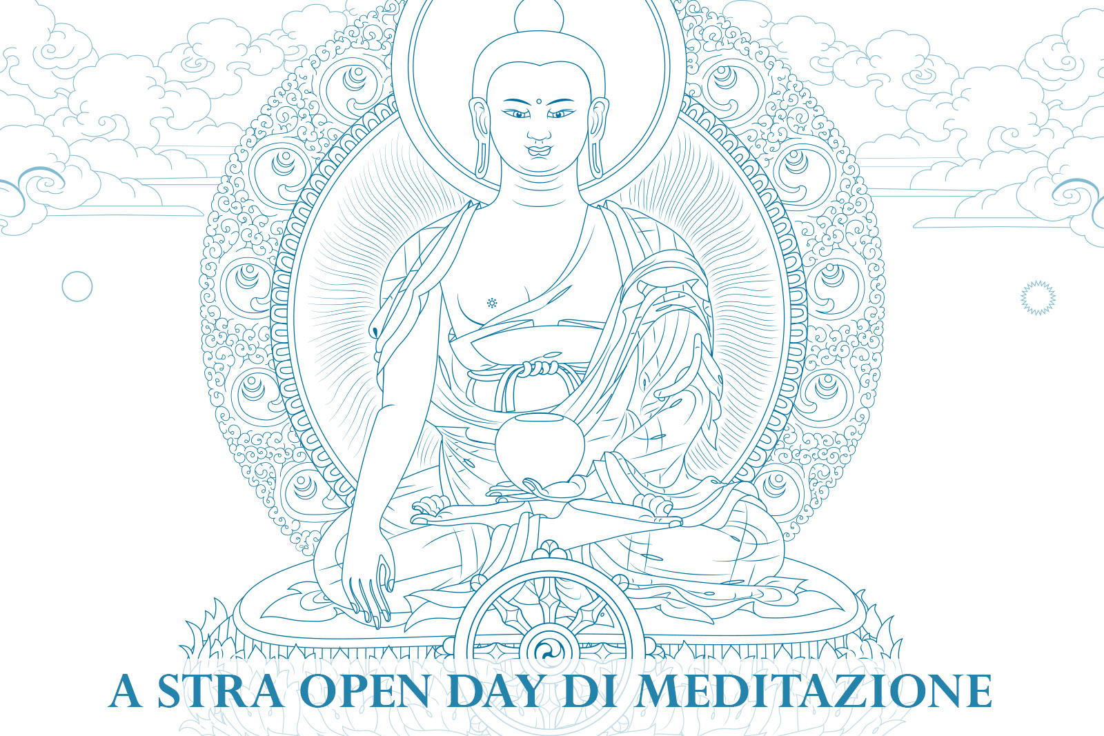 Line drawing of a meditating Buddha seated in lotus position with a wheel in front, a decorative halo, and clouds in the background. Bottom text reads 'Astra Open Day di Meditazione'.