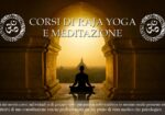Meditating silhouette in an archway at sunset; banner advertises Raja Yoga and Meditation courses.
