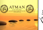 Banner image for ATMAN yoga/esoterism association featuring OM symbols, sunset stones on water in a warm gradient