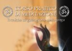 Promotional banner for an Italian meditation course, showing a hand mudra and soft glowing light.