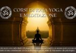 Promotional banner for Raja Yoga and Meditation courses showing a person meditating between temple arches at sunset with circular symbols on each side.