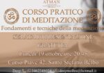 Poster for a free meditation intro night: 'Corso Pratico di Meditazione' on Mon Oct 19 at 8:45 PM, Corso Piave 42, Santo Stefano Belbo (contact at bottom).