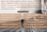 Informational Italian slide: heading PROGRAMMA with two bullet-point columns on meditation topics over a soft background, plus a disclaimer at the bottom.